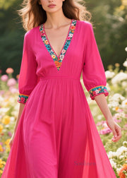 Beautiful Rose V Neck Patchwork Exra Large Hem Cotton Long Dress Summer