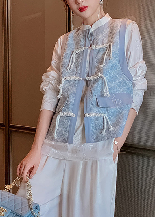 Beautiful Royal Blue O-Neck Print Button Waistcoat Spring