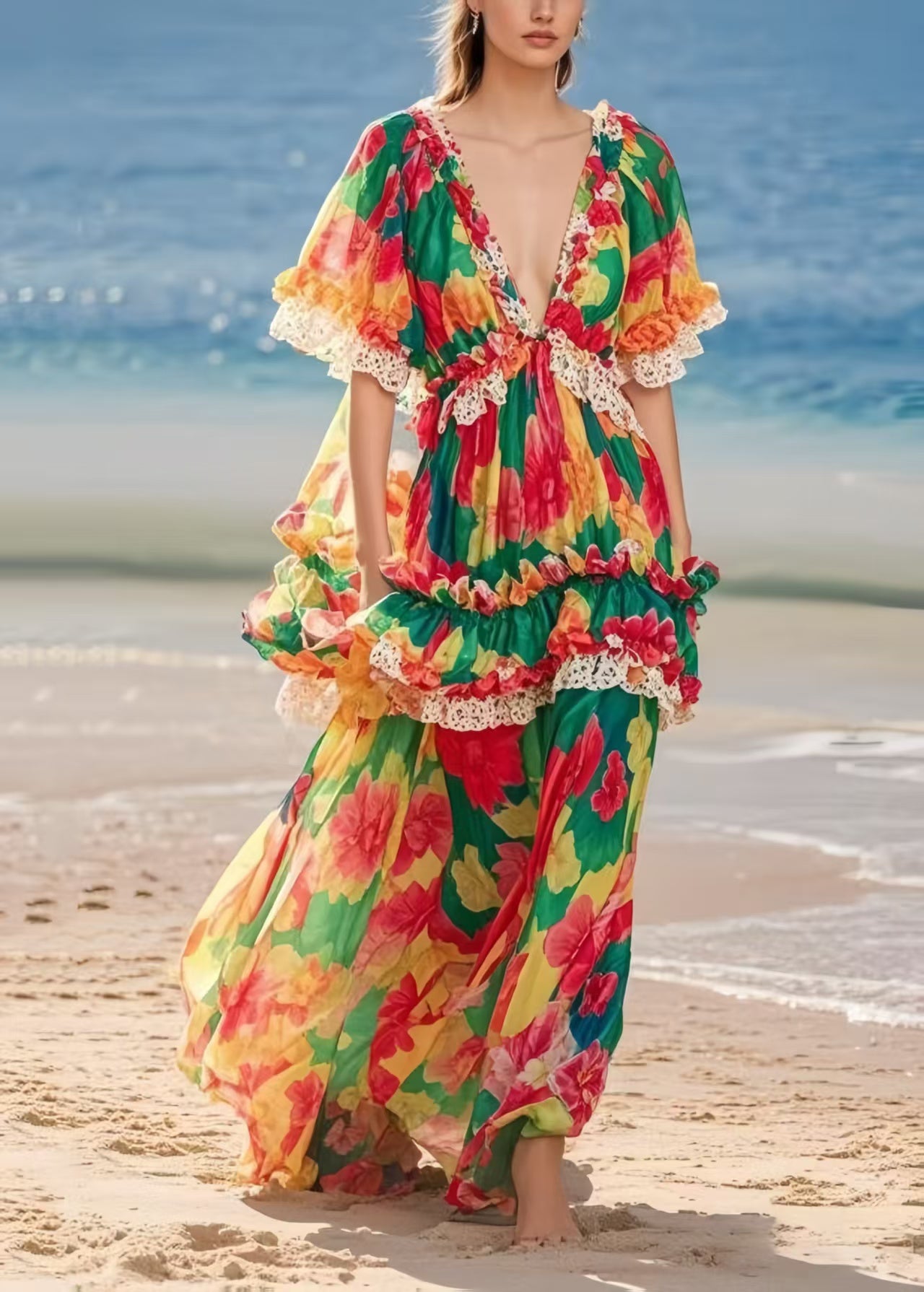 Beautiful Ruffled Print Chiffon Beach Dresses Summer – SooLinen