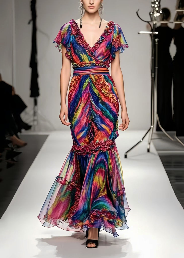 Beautiful Ruffled Tie Dye Chiffon Robe Dresses Summer