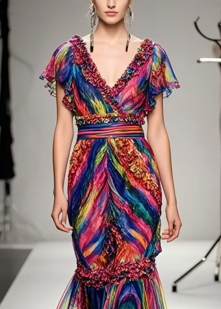 Beautiful Ruffled Tie Dye Chiffon Robe Dresses Summer