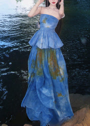 Beautiful Sea Blue Cold Shoulder Tie Dye Two Pieces Set Summer