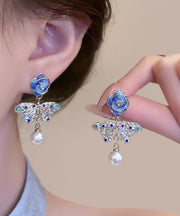 Beautiful Silk Alloy Pearl Zircon Butterfly Floral Enamel Drop Earrings