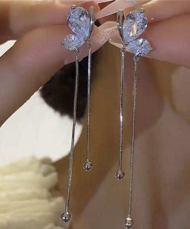Beautiful Silk Copper Zircon Butterfly Tassel Drop Earrings
