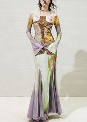 Beautiful Slash Neck Print Tulle Patchwork Long Dresses Fall
