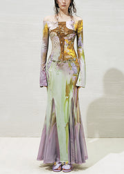 Beautiful Slash Neck Print Tulle Patchwork Long Dresses Fall