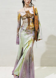 Beautiful Slash Neck Print Tulle Patchwork Long Dresses Fall