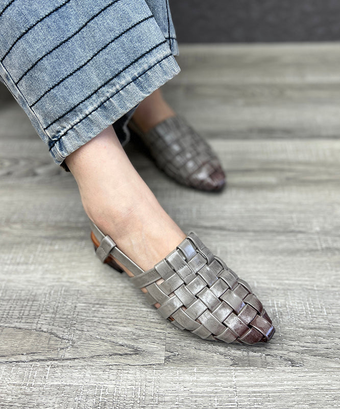 Beautiful Splicing Chunky Hollow Out Sandals Grey Cowhide Leather