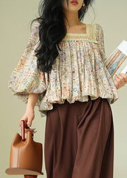 Beautiful Square Collar Print Lace Up Patchwork Cotton Blouses Fall