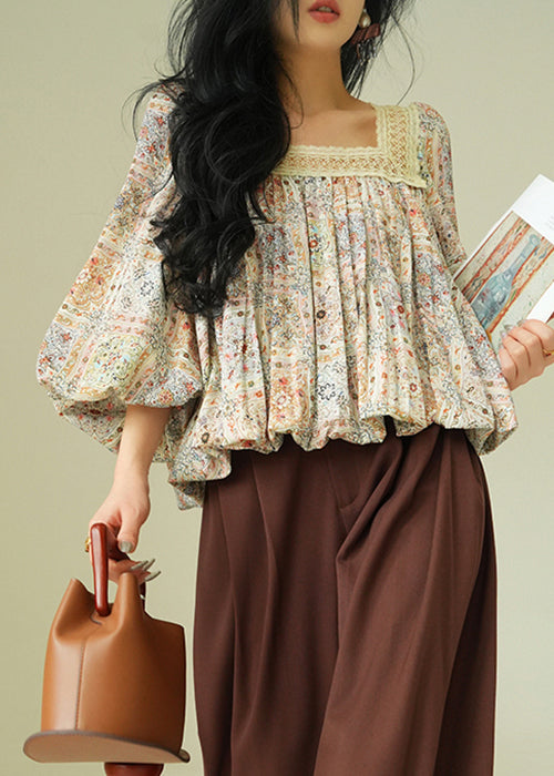 Beautiful Square Collar Print Lace Up Patchwork Cotton Blouses Fall