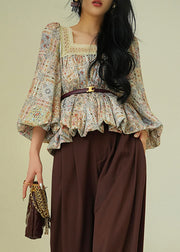 Beautiful Square Collar Print Lace Up Patchwork Cotton Blouses Fall