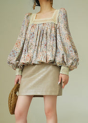 Beautiful Square Collar Print Lace Up Patchwork Cotton Blouses Fall