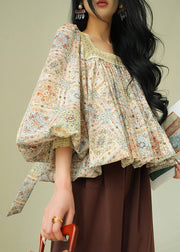 Beautiful Square Collar Print Lace Up Patchwork Cotton Blouses Fall