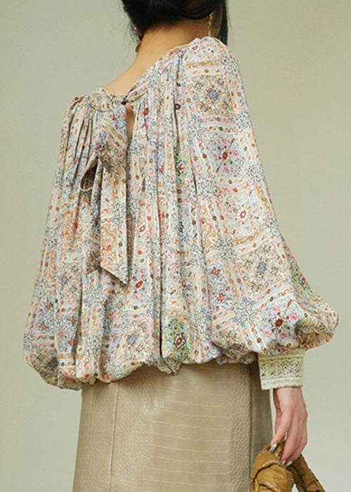 Beautiful Square Collar Print Lace Up Patchwork Cotton Blouses Fall