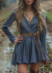 Beautiful V Neck Plaid Wrinkled Cotton Dress Long Sleeve