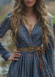 Beautiful V Neck Plaid Wrinkled Cotton Dress Long Sleeve
