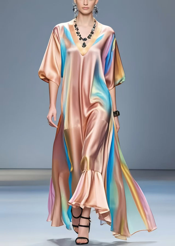 Beautiful V Neck Tie Dye Silk Vacation Dresses Half Sleeve