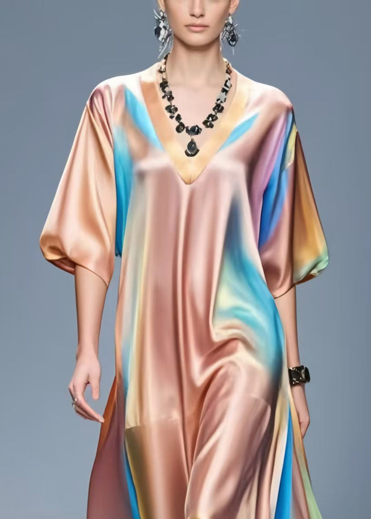 Beautiful V Neck Tie Dye Silk Vacation Dresses Half Sleeve