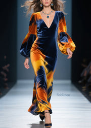 Beautiful V Neck Tie Dye Velvet Long Dress Lantern Sleeve