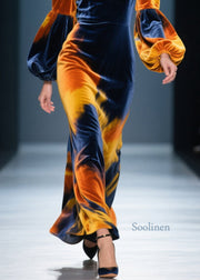 Beautiful V Neck Tie Dye Velvet Long Dress Lantern Sleeve