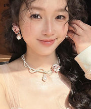 Beautiful White Alloy Pearl Beading Floral Gratuated Bead Necklace