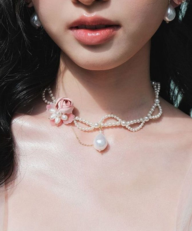 Beautiful White Alloy Pearl Beading Floral Gratuated Bead Necklace
