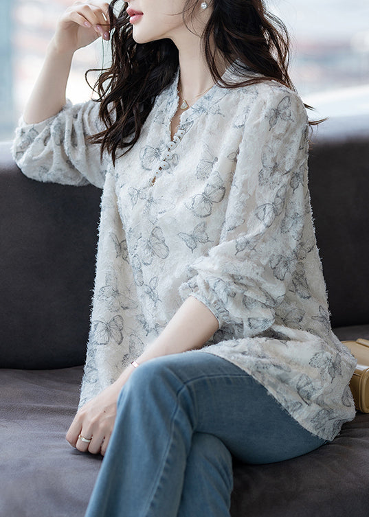 Beautiful White Butterfly Chiffon Eyelash Shirt Tops Fall