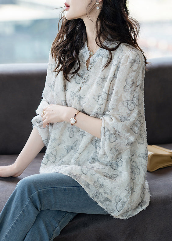 Beautiful White Butterfly Chiffon Eyelash Shirt Tops Fall