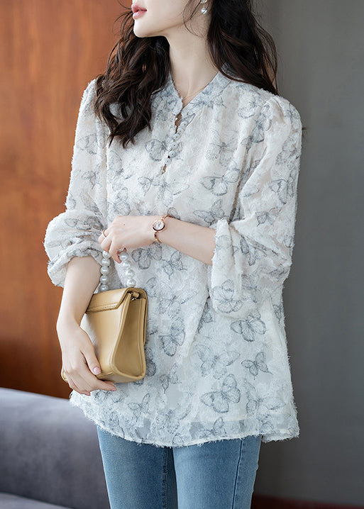 Beautiful White Butterfly Chiffon Eyelash Shirt Tops Fall