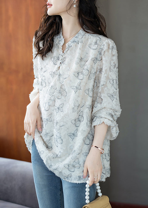 Beautiful White Butterfly Chiffon Eyelash Shirt Tops Fall