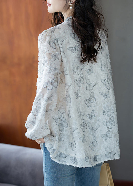 Beautiful White Butterfly Chiffon Eyelash Shirt Tops Fall