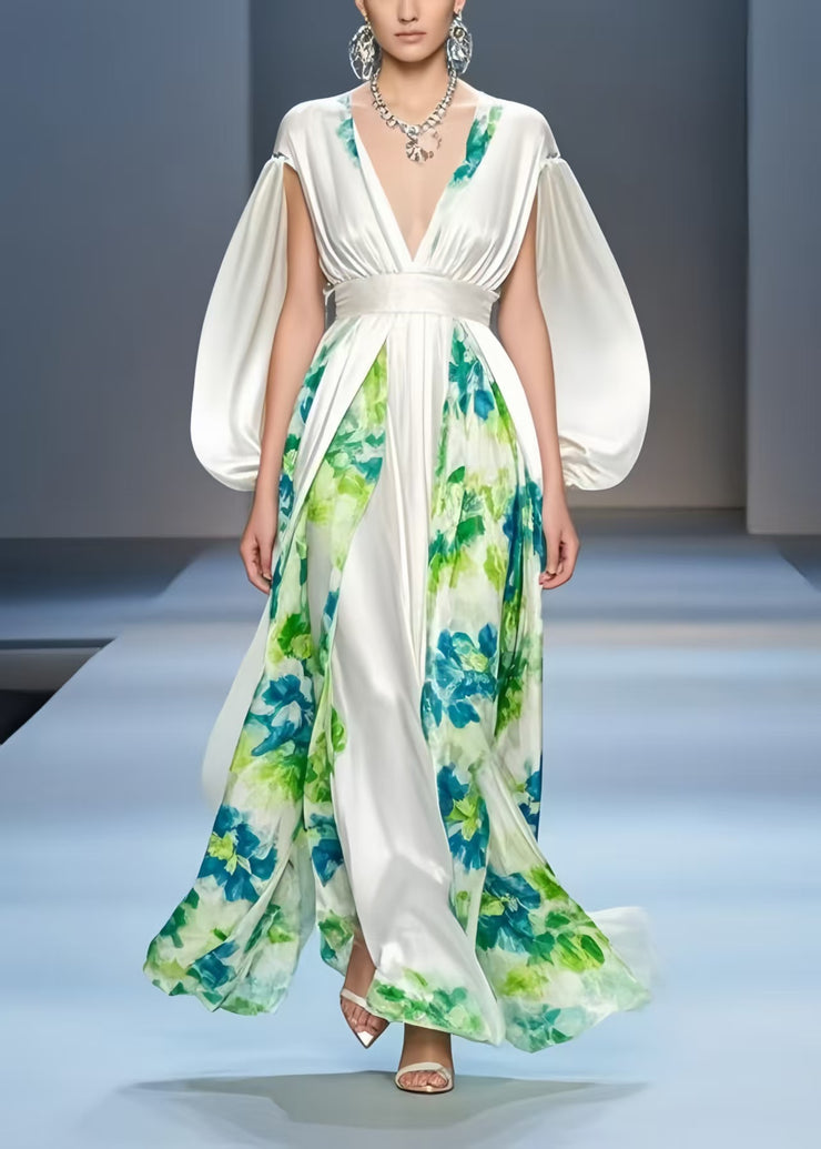 Beautiful White Cinched Patchwork Silk Dress Cloak Sleeves
