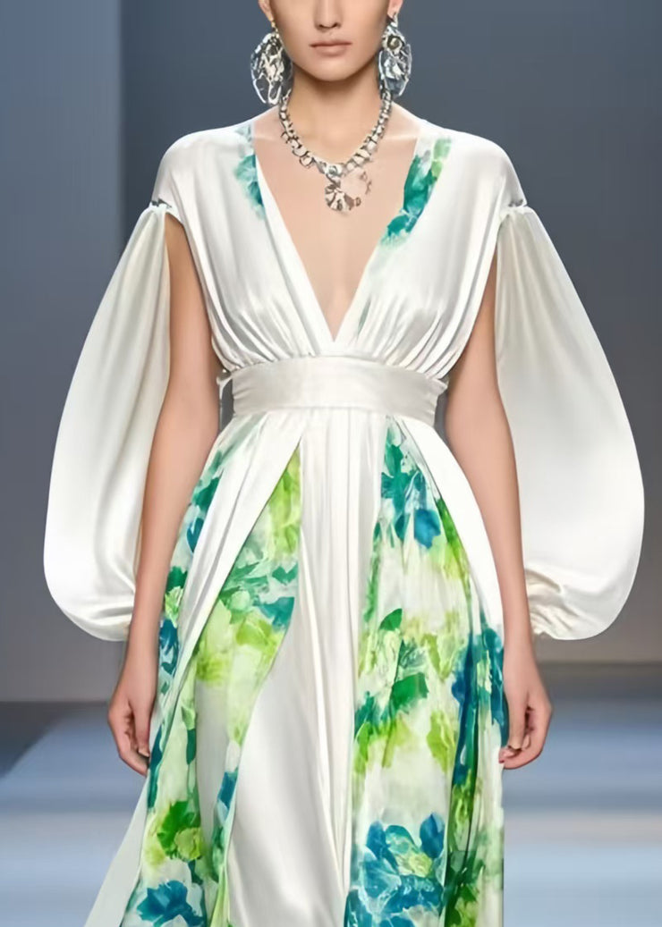Beautiful White Cinched Patchwork Silk Dress Cloak Sleeves