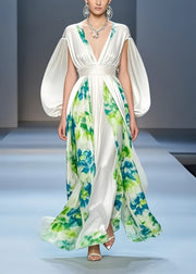 Beautiful White Cinched Patchwork Silk Dress Cloak Sleeves