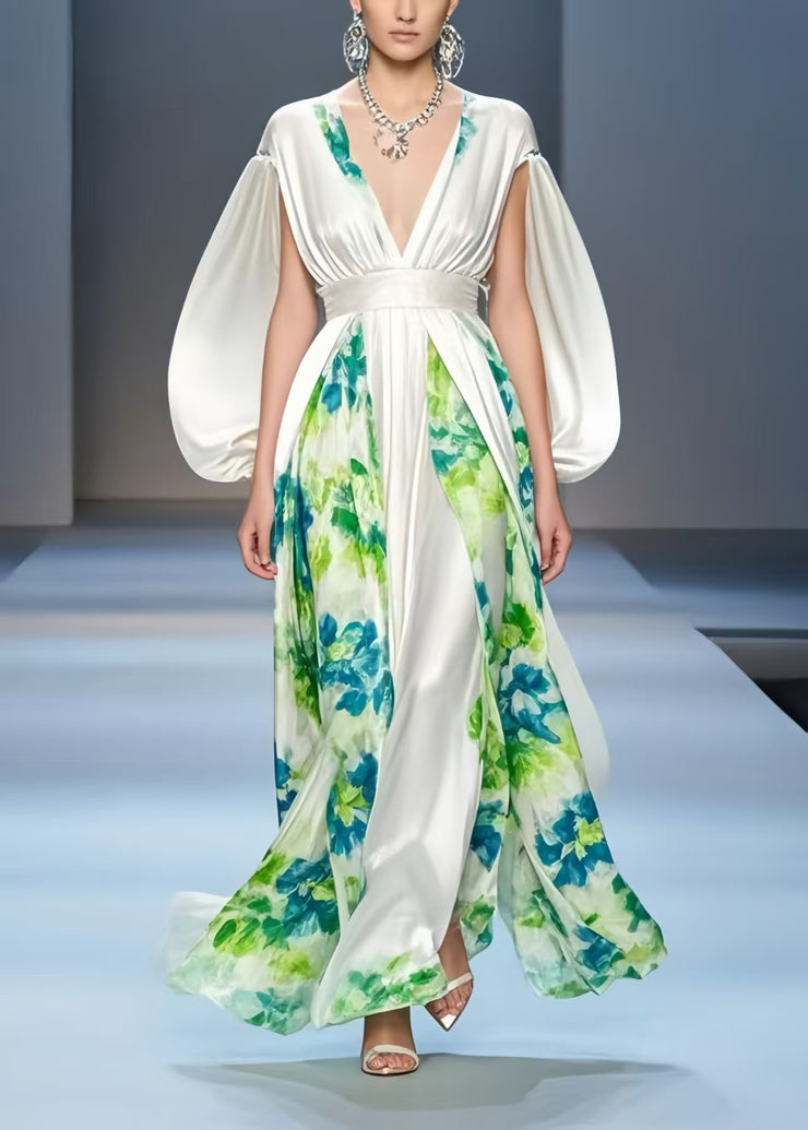 Beautiful White Cinched Patchwork Silk Dress Cloak Sleeves