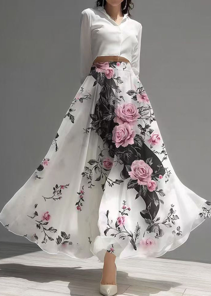 Beautiful White Floral Exra Large Hem Chiffon Holiday Skirt Summer