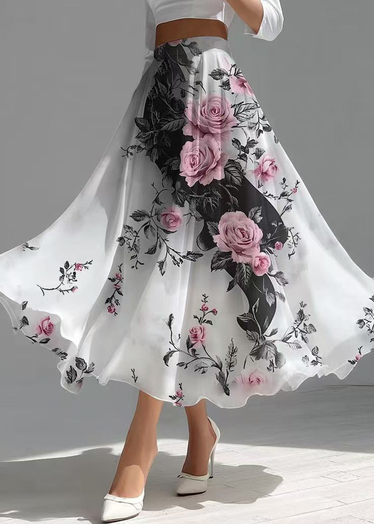 Beautiful White Floral Exra Large Hem Chiffon Holiday Skirt Summer