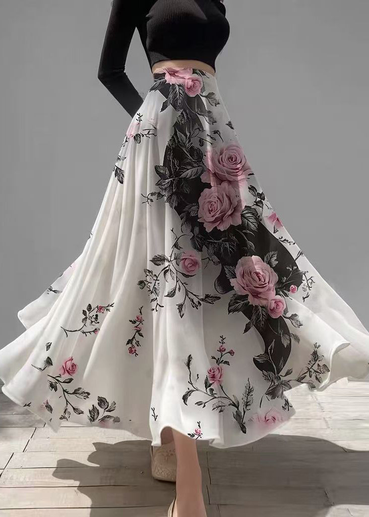 Beautiful White Floral Exra Large Hem Chiffon Holiday Skirt Summer