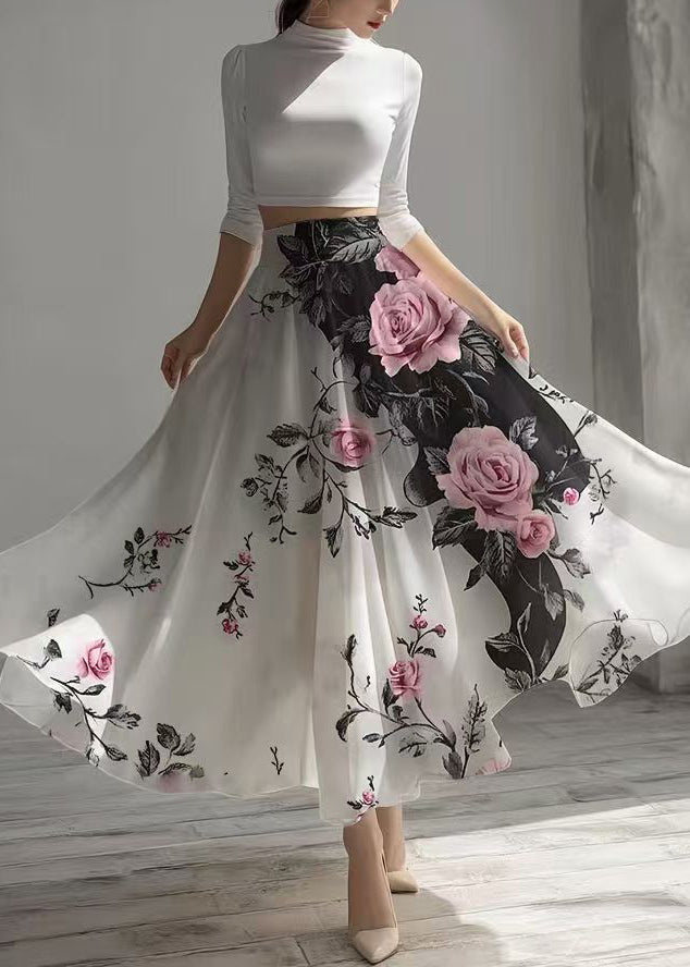 Beautiful White Floral Exra Large Hem Chiffon Holiday Skirt Summer