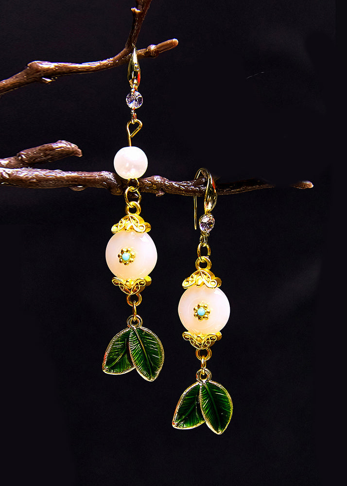 Beautiful White Jade Leaf Metal Drop Earrings 2025 new style