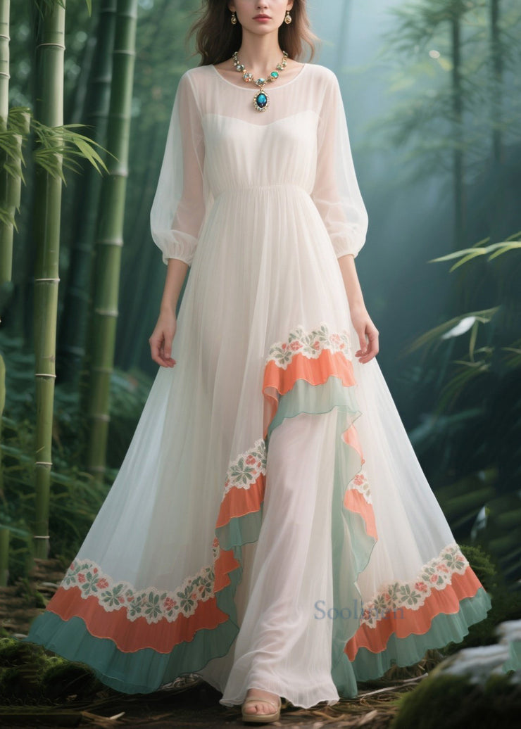 Beautiful White Lace Patchwork Exra Large Hem Tulle Holiday Dress Summer