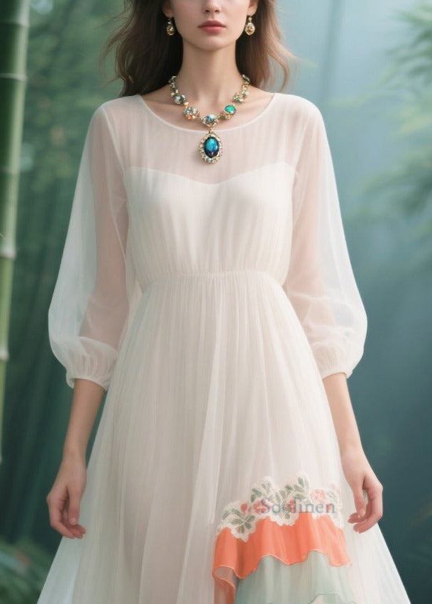 Beautiful White Lace Patchwork Exra Large Hem Tulle Holiday Dress Summer