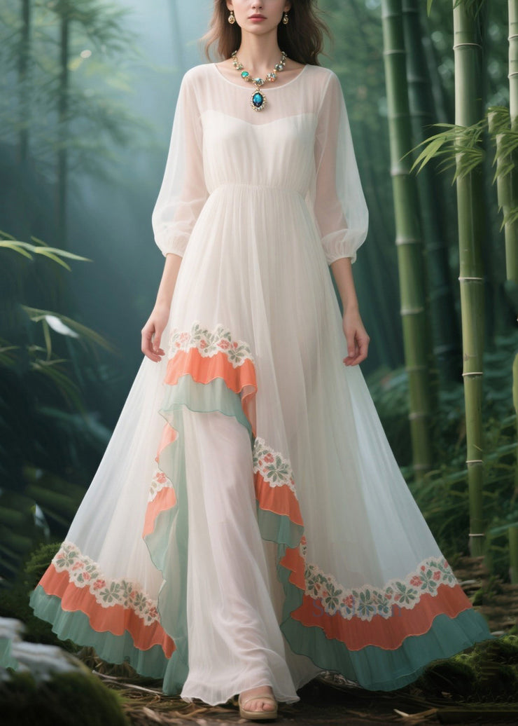 Beautiful White Lace Patchwork Exra Large Hem Tulle Holiday Dress Summer