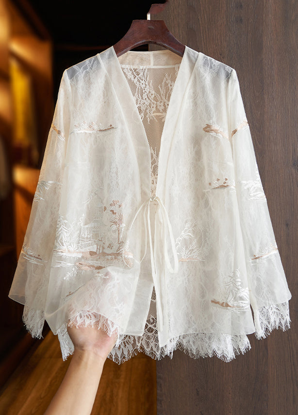 Beautiful White Lace UpPrinted Lace Patchwork Top Fall