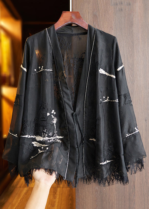 Beautiful White Lace UpPrinted Lace Patchwork Top Fall