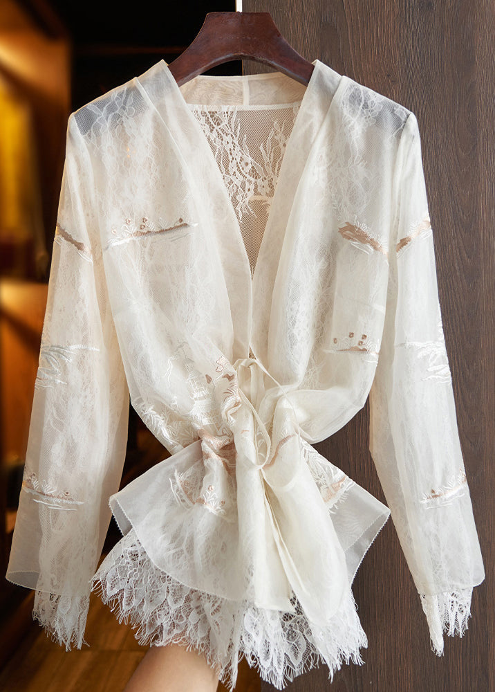 Beautiful White Lace UpPrinted Lace Patchwork Top Fall