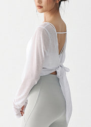 Beautiful White O-Neck Backless Tie Waist Thin Yoga Top