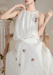 Beautiful White O-Neck Floral Top And Maxi Skirts Two Pieces Set Summer