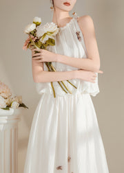 Beautiful White O-Neck Floral Top And Maxi Skirts Two Pieces Set Summer