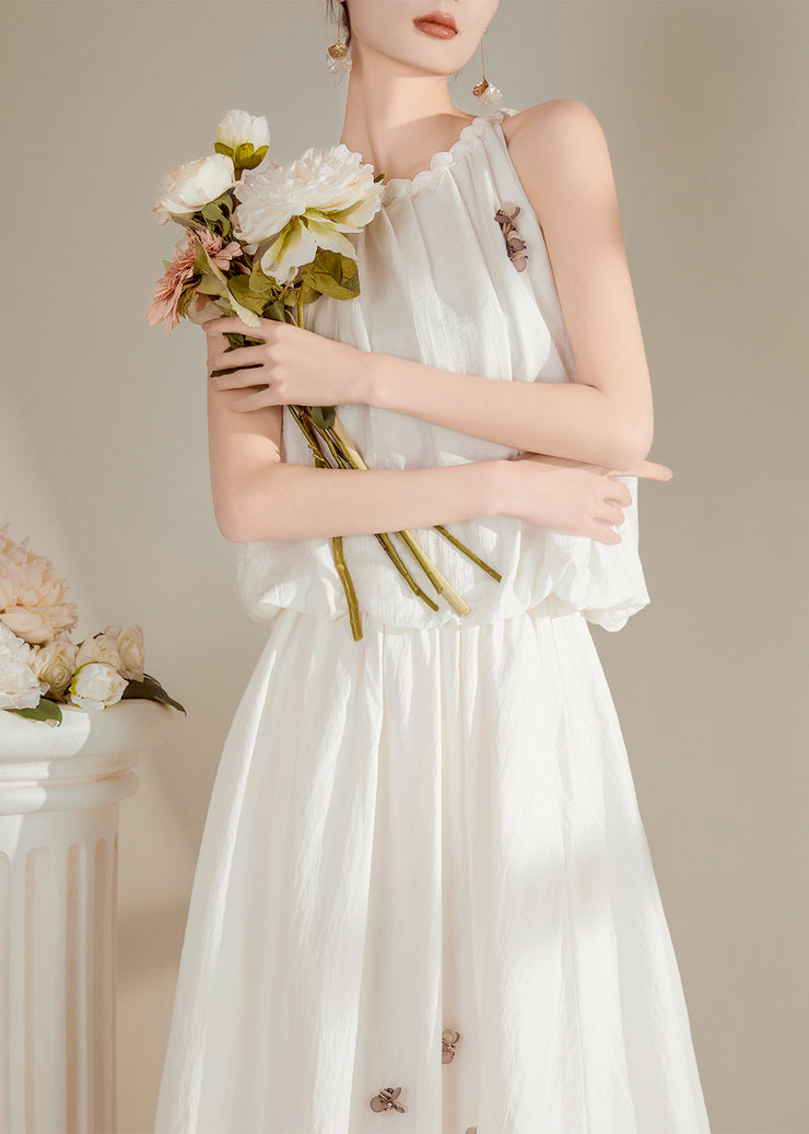 Beautiful White O-Neck Floral Top And Maxi Skirts Two Pieces Set Summer